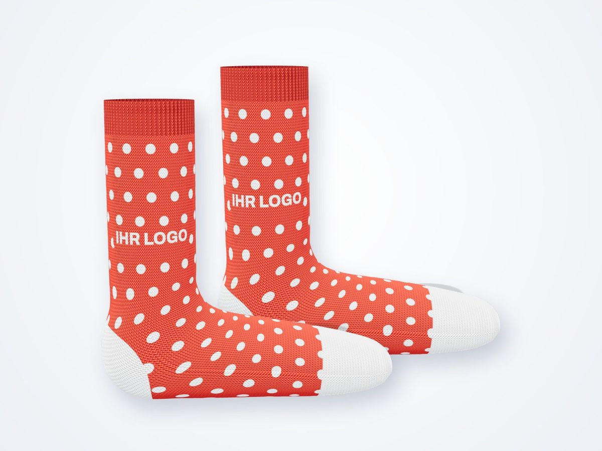 Zwei rote Firmensocken mit weißen Punkten und Logo